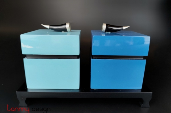 Set of 2 blue square boxes 10 cm included with stand